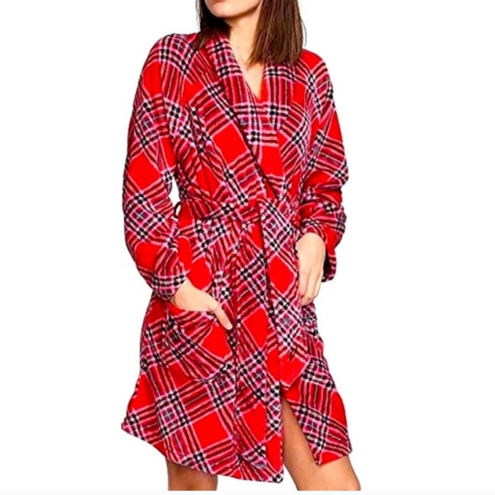 VICTORIA'S SECRET Women's Soft Plush Fleece Plaid Robe House Coat Medium Large